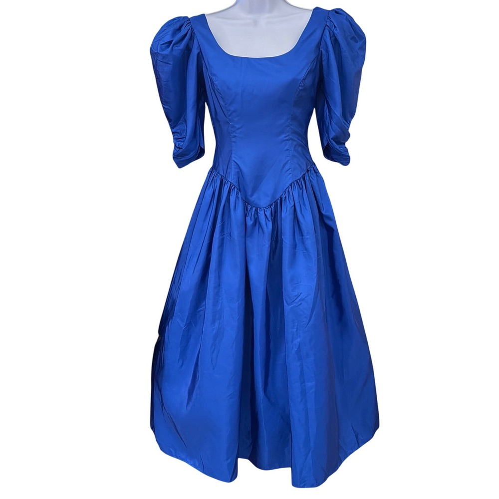 80s Regencycore Royal Blue Gown Puff Sleeve Statement Bow Prom Vintage Glamour